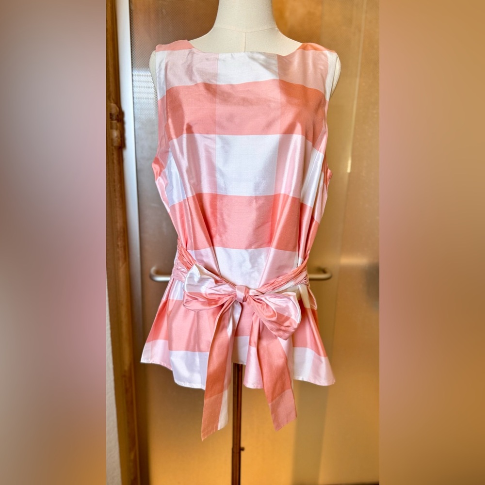 SARA CAMPBELL Silk Peach Plaid Bow Sash Tie Waist Sleeveless Blouse Fully Lined - Picture 10 of 16